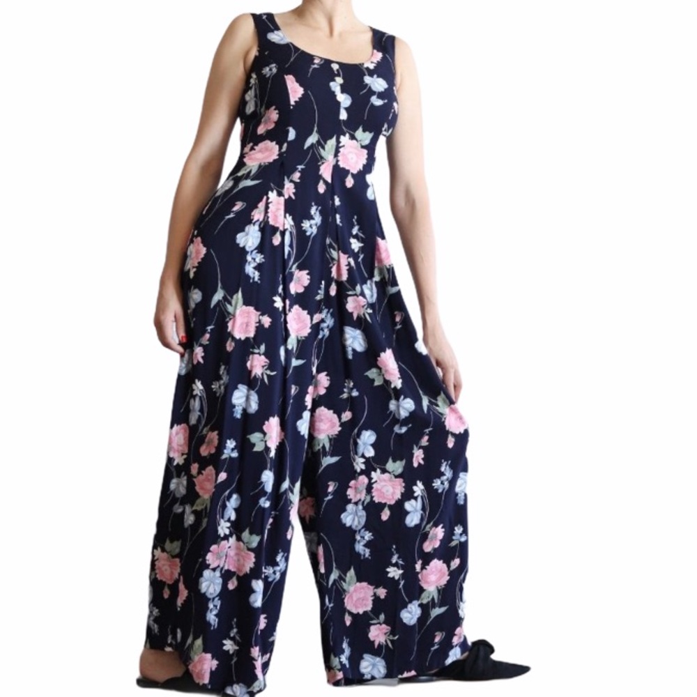 Vintage Jeffrey & Dara Wide Leg navy blue floral jumpsuit size 10 - Picture 4 of 16